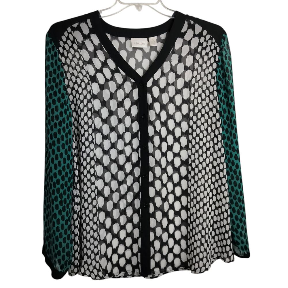 5146)Chico's Sheer Multicolor Geo print Long Sleeve V Neck Blouse 3(US XL/16) - Picture 2 of 8